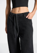 Faye - Wide Mid Rise Jeans with Tie Waist - Washed Black