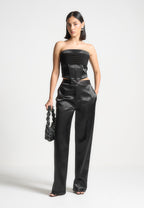 Cora - Satin Pintuck Bandeau Corset Top - Black