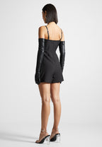 Leather Tailored Playsuit with Gloves - Black