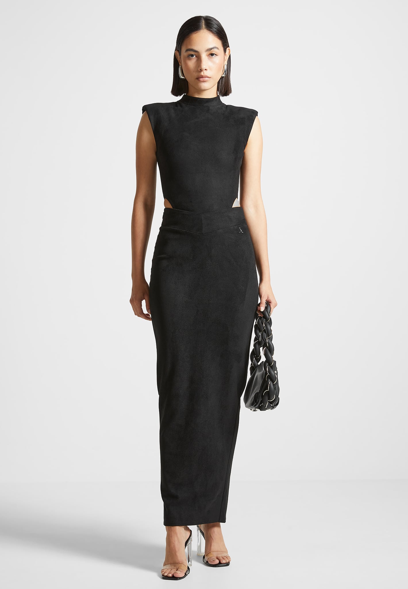 Suede Wide Shoulder High Leg Bodysuit - Black