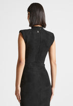 Suede Wide Shoulder High Leg Bodysuit - Black