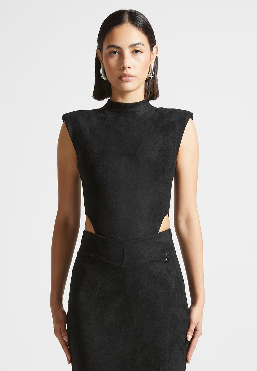 Suede Wide Shoulder High Leg Bodysuit - Black