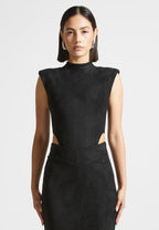 Suede Wide Shoulder High Leg Bodysuit - Black