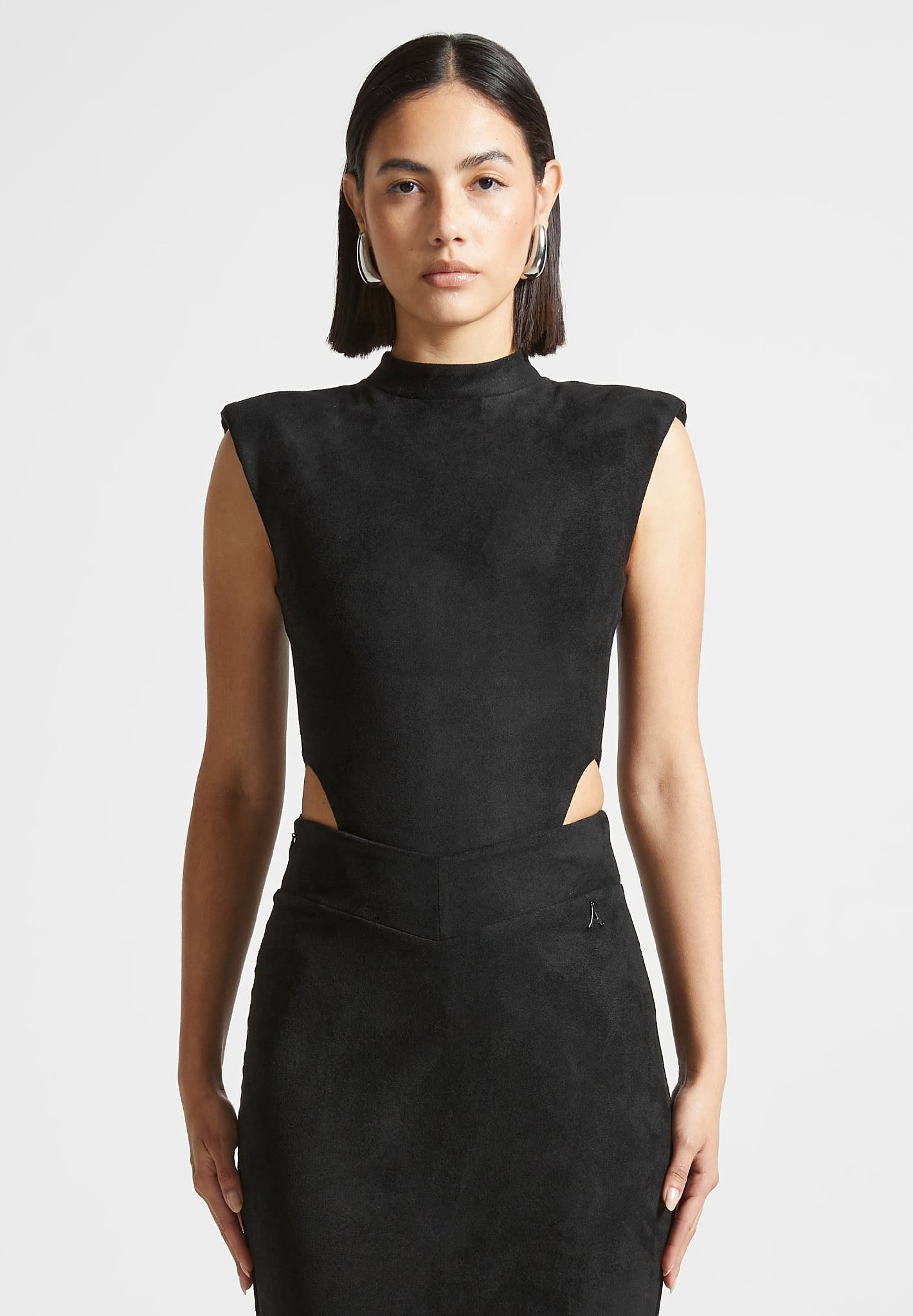 Suede Wide Shoulder High Leg Bodysuit - Black