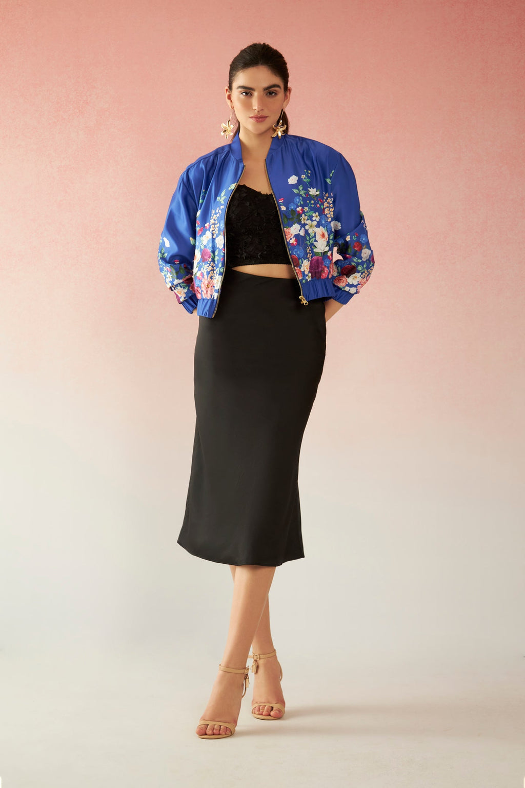 Margot|Satin Classy Floral Print Bomber Jacket