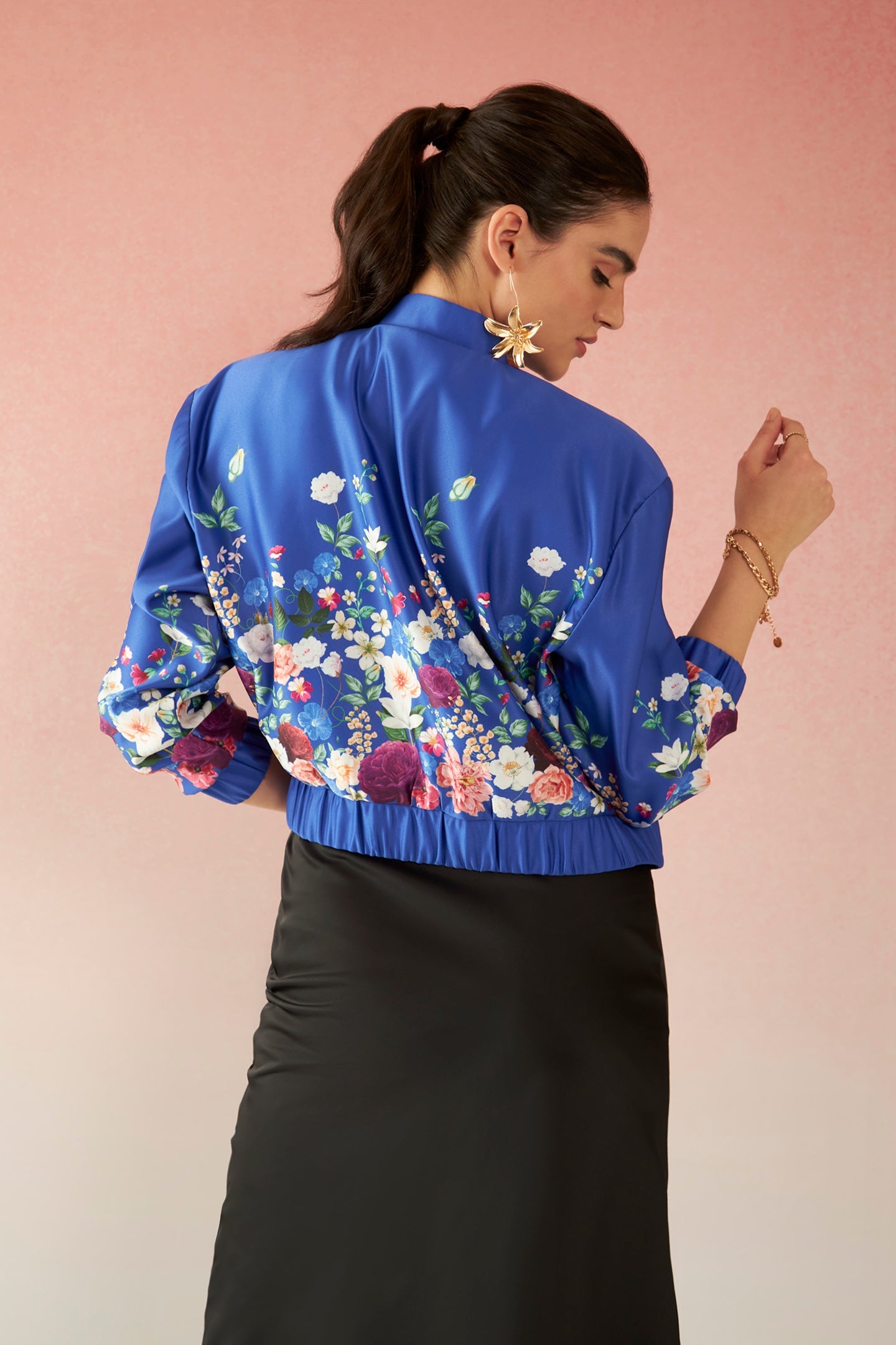 Margot|Satin Classy Floral Print Bomber Jacket