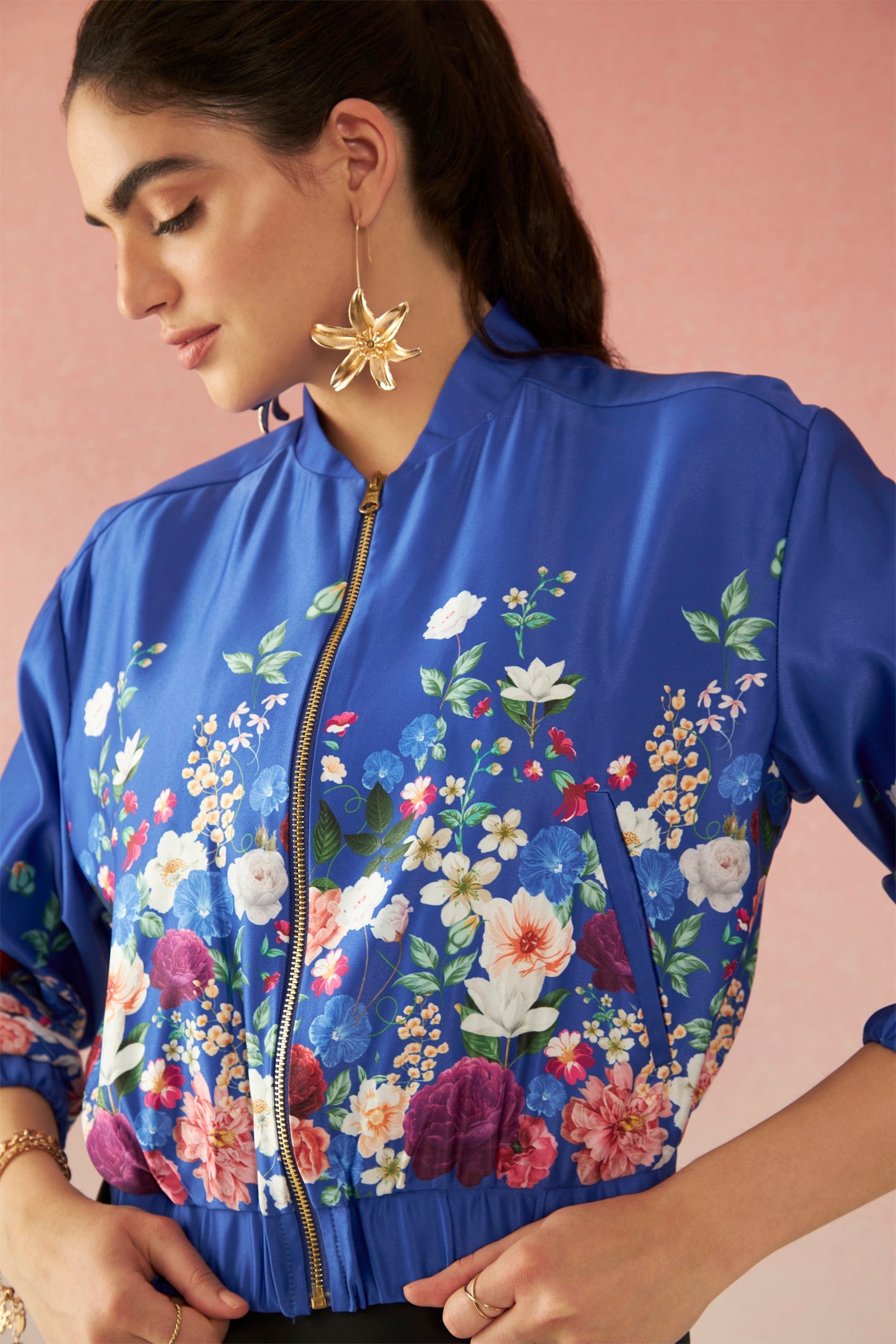 Margot|Satin Classy Floral Print Bomber Jacket