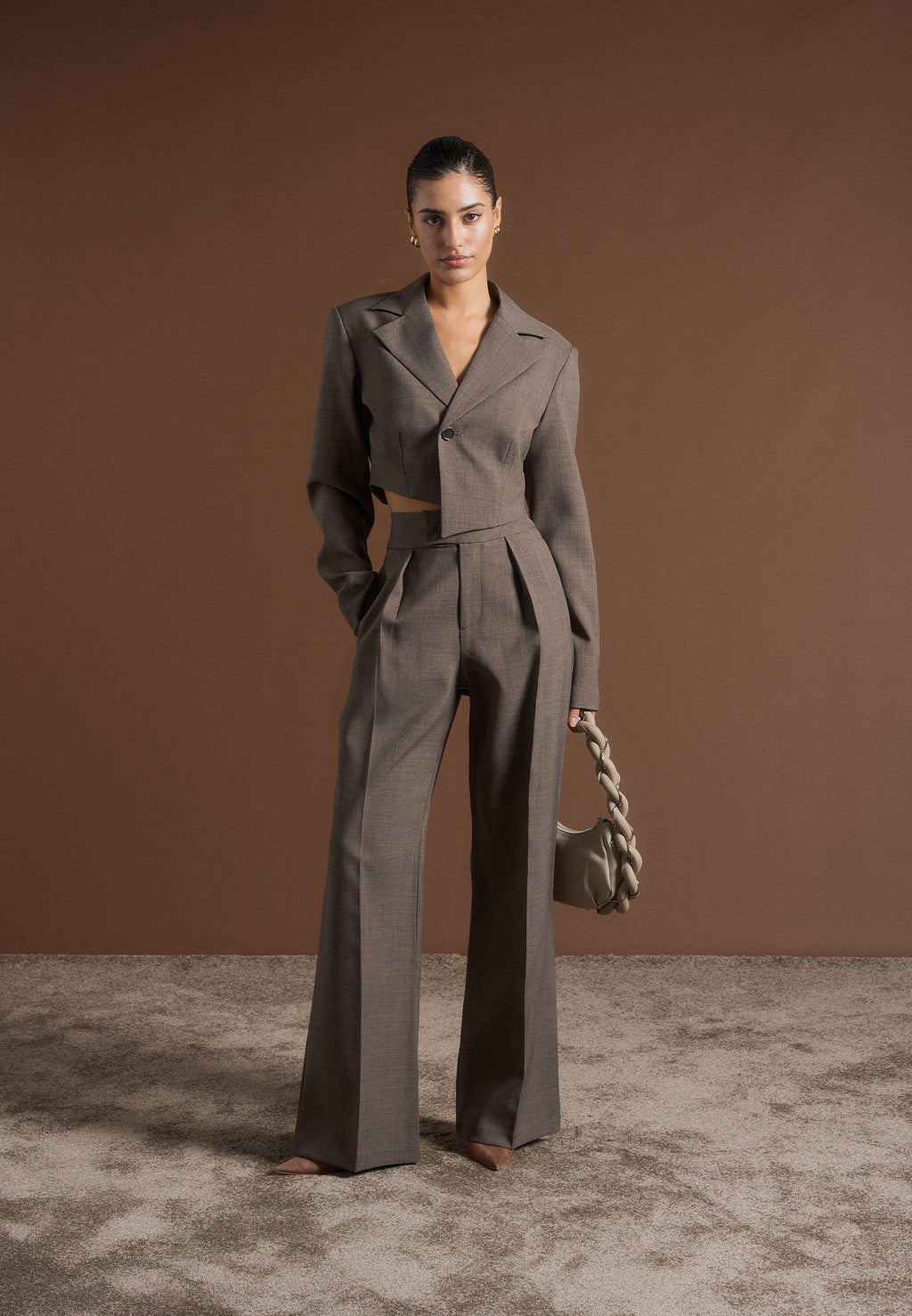 Dina - Asymmetric Tailored Cropped Blazer - Dark Taupe