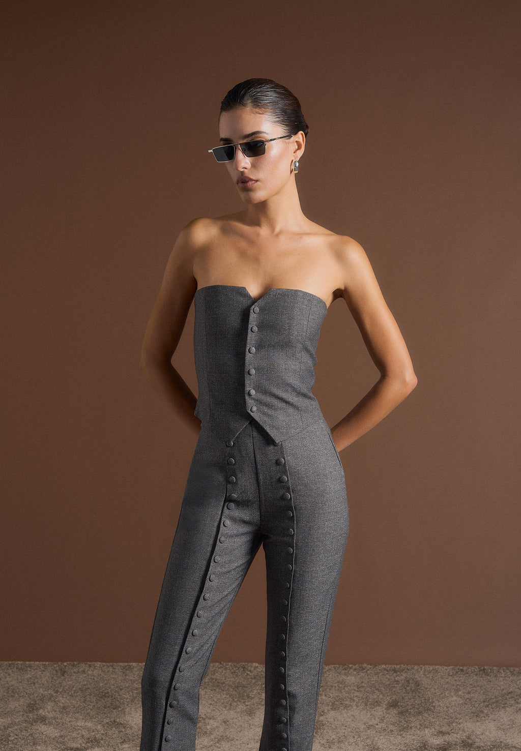 Lise - Cropped Tailored Blazer & Button Detail Bandeau - Dark Grey