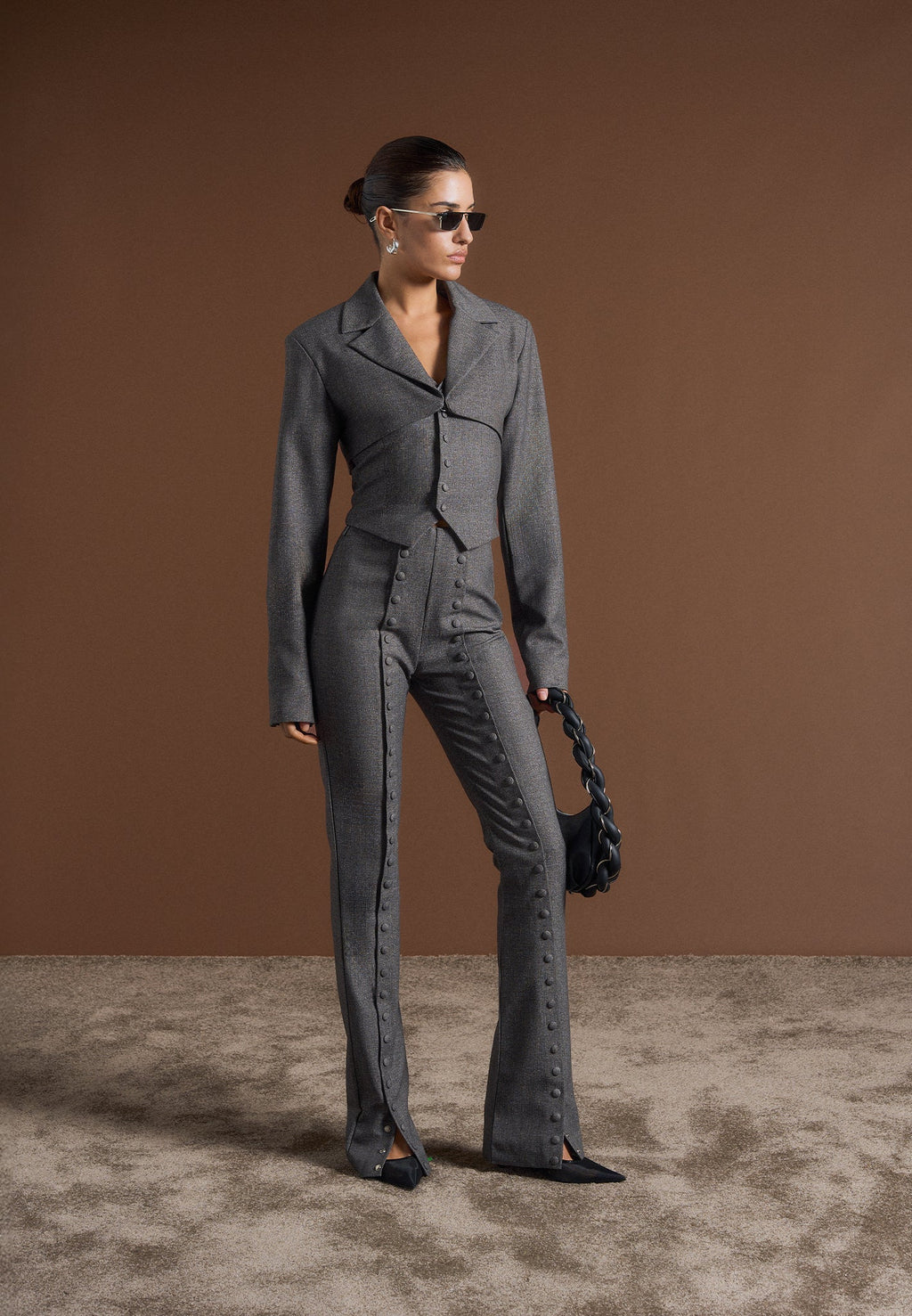 Lise - Cropped Tailored Blazer & Button Detail Bandeau - Dark Grey