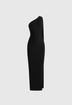 Laya - Asymmetric Knit Midaxi Dress With Scarf - Black