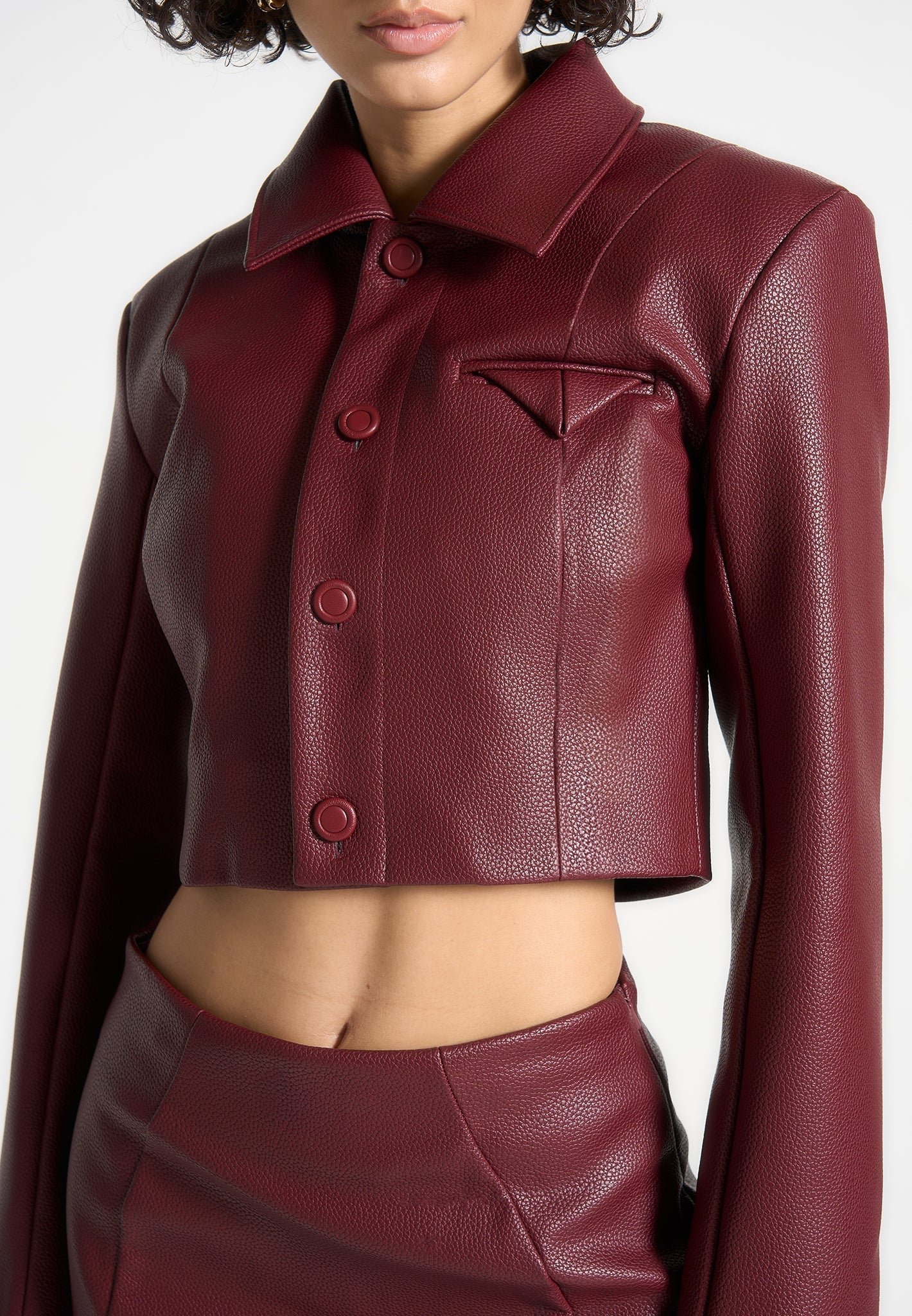 Ania - Wide Shoulder Pebbled Leather Jacket - Wine Red