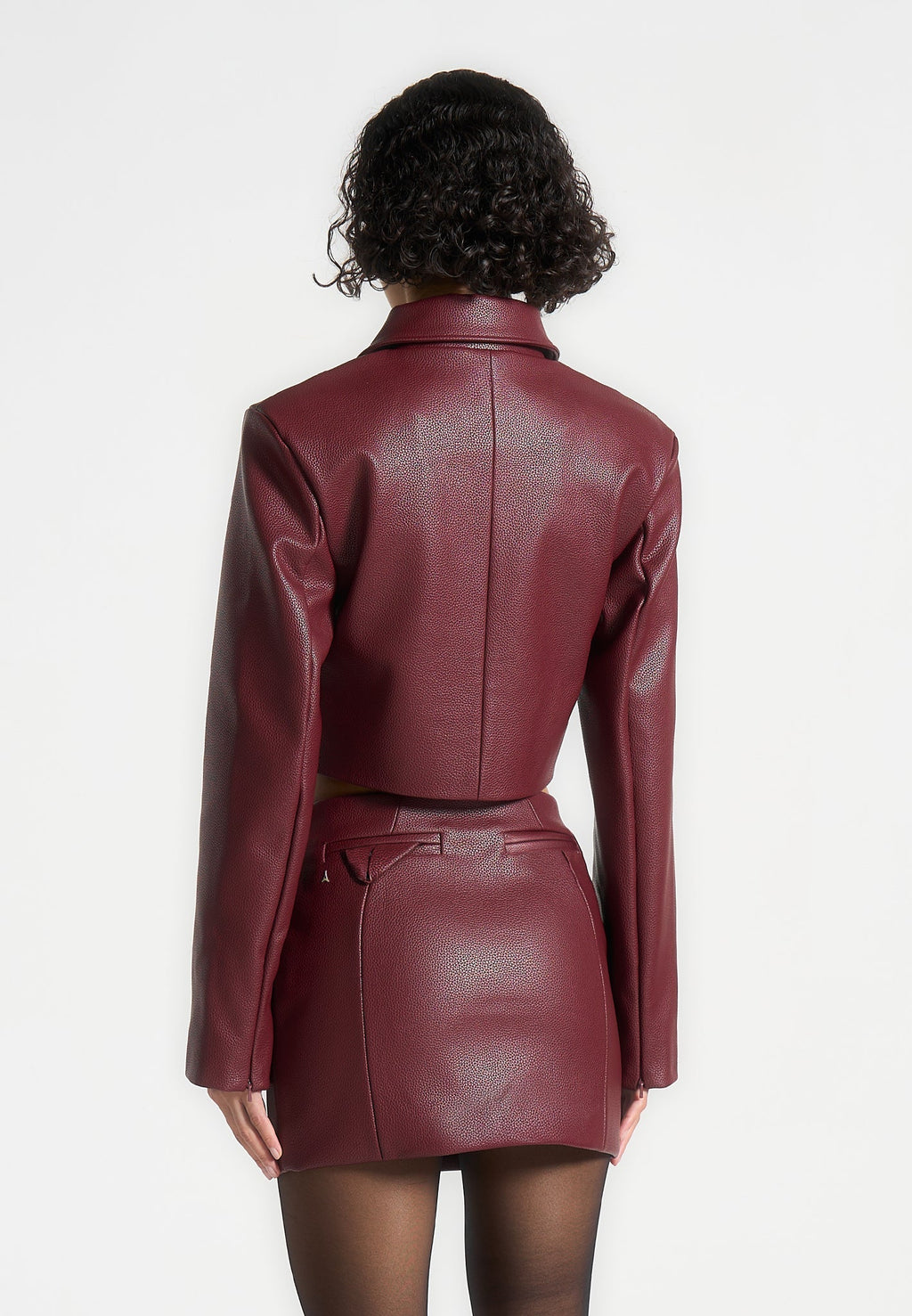 Ania - Wide Shoulder Pebbled Leather Jacket - Wine Red