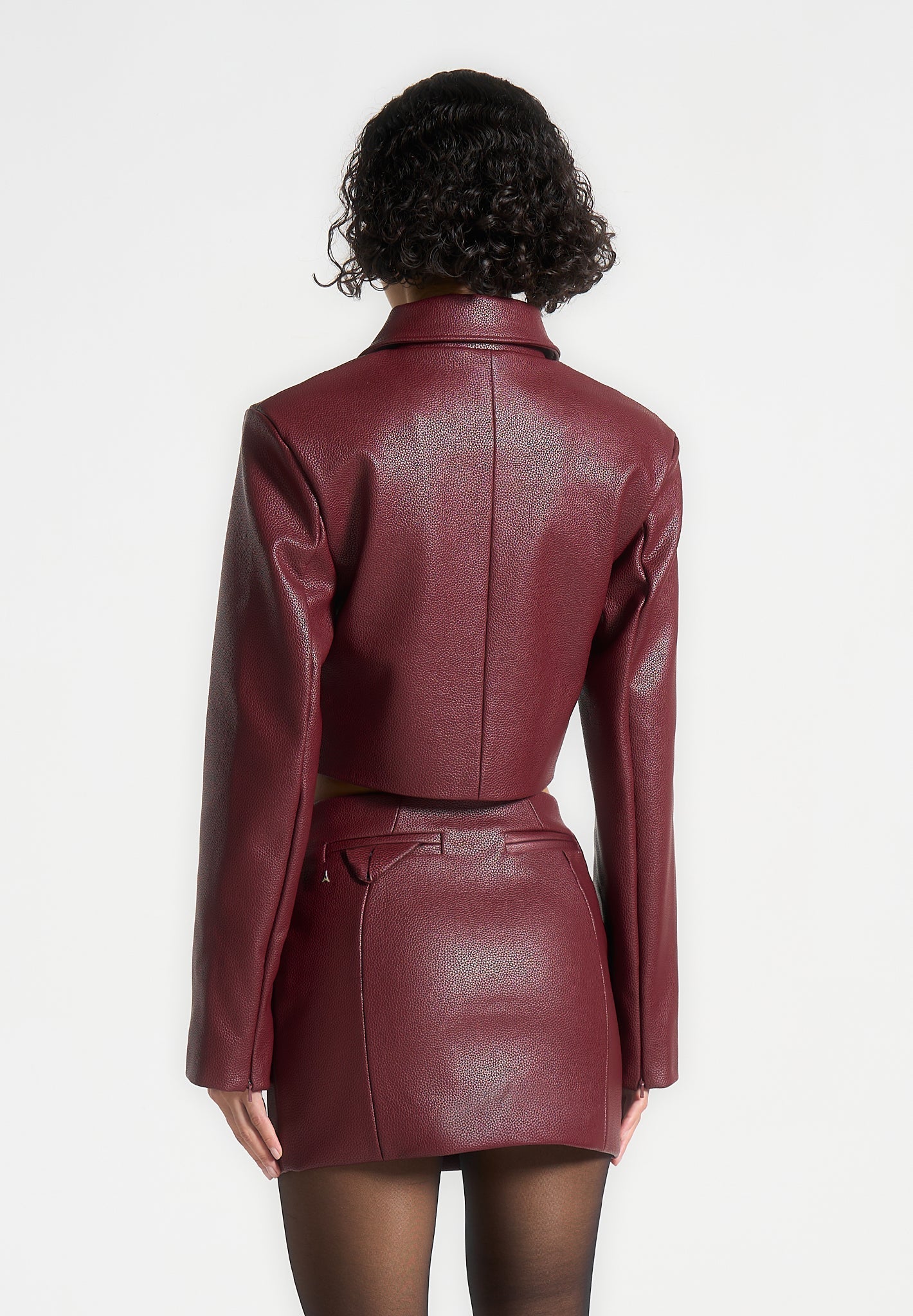 Ania - Wide Shoulder Pebbled Leather Jacket - Wine Red