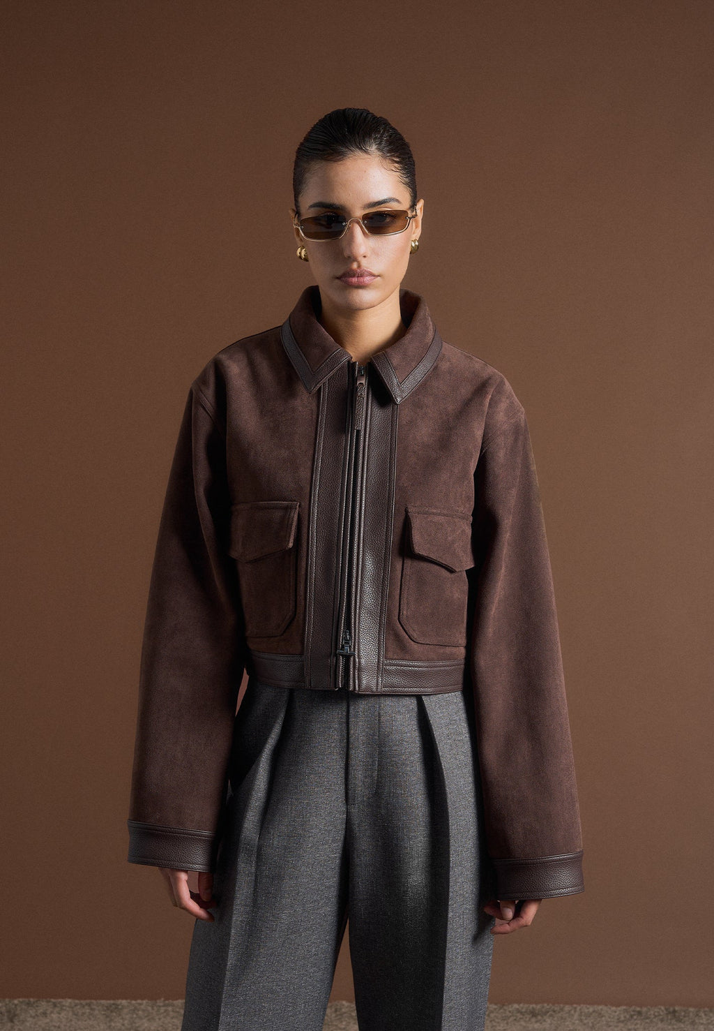 Denise - Suede & Pebbled Leather Jacket - Brown