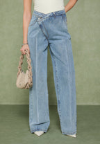 Astrid - Wrapover Denim Wide Leg Jeans - Mid Blue