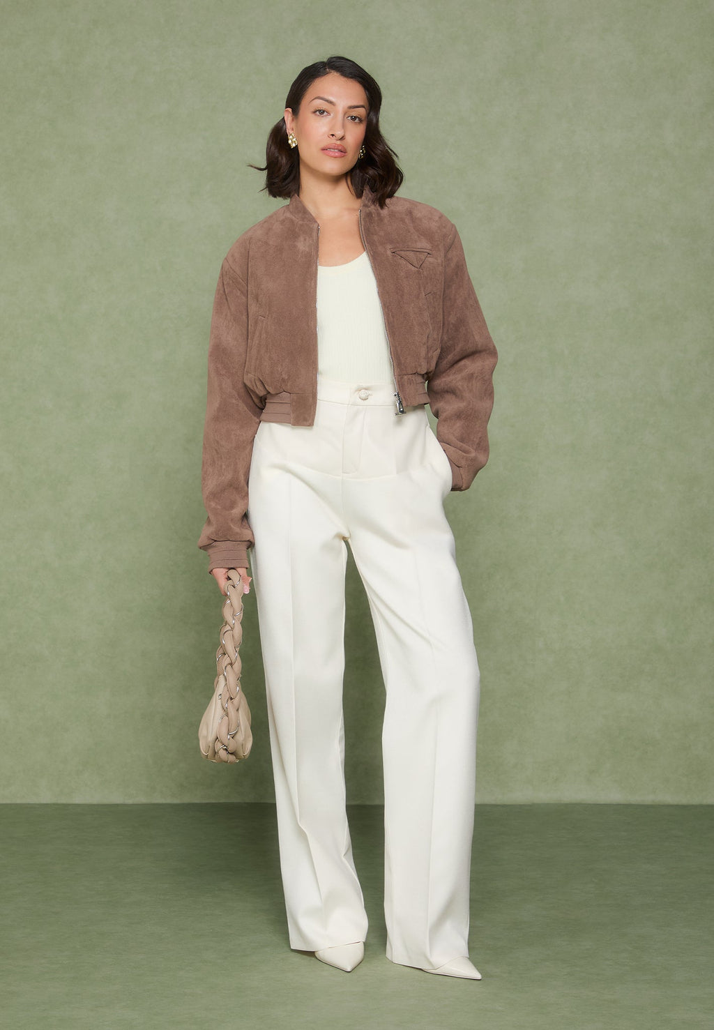 Monique - Suede Wide Shoulder Bomber Jacket - Taupe
