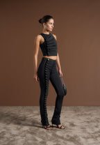 Eyelet Detail Tacked Racer Top  - Black