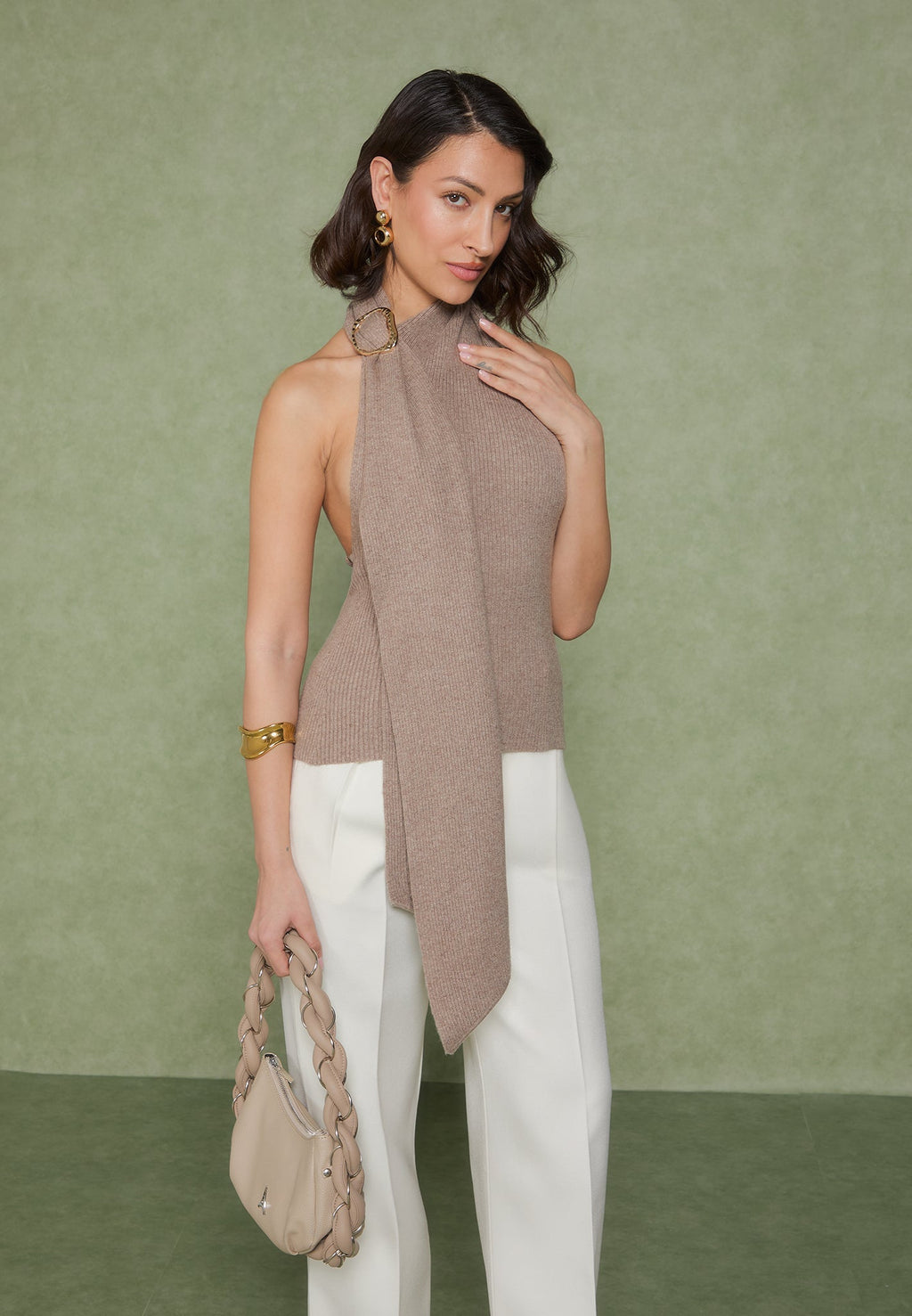 Elodie - Knitted Draped Halterneck Top - Taupe