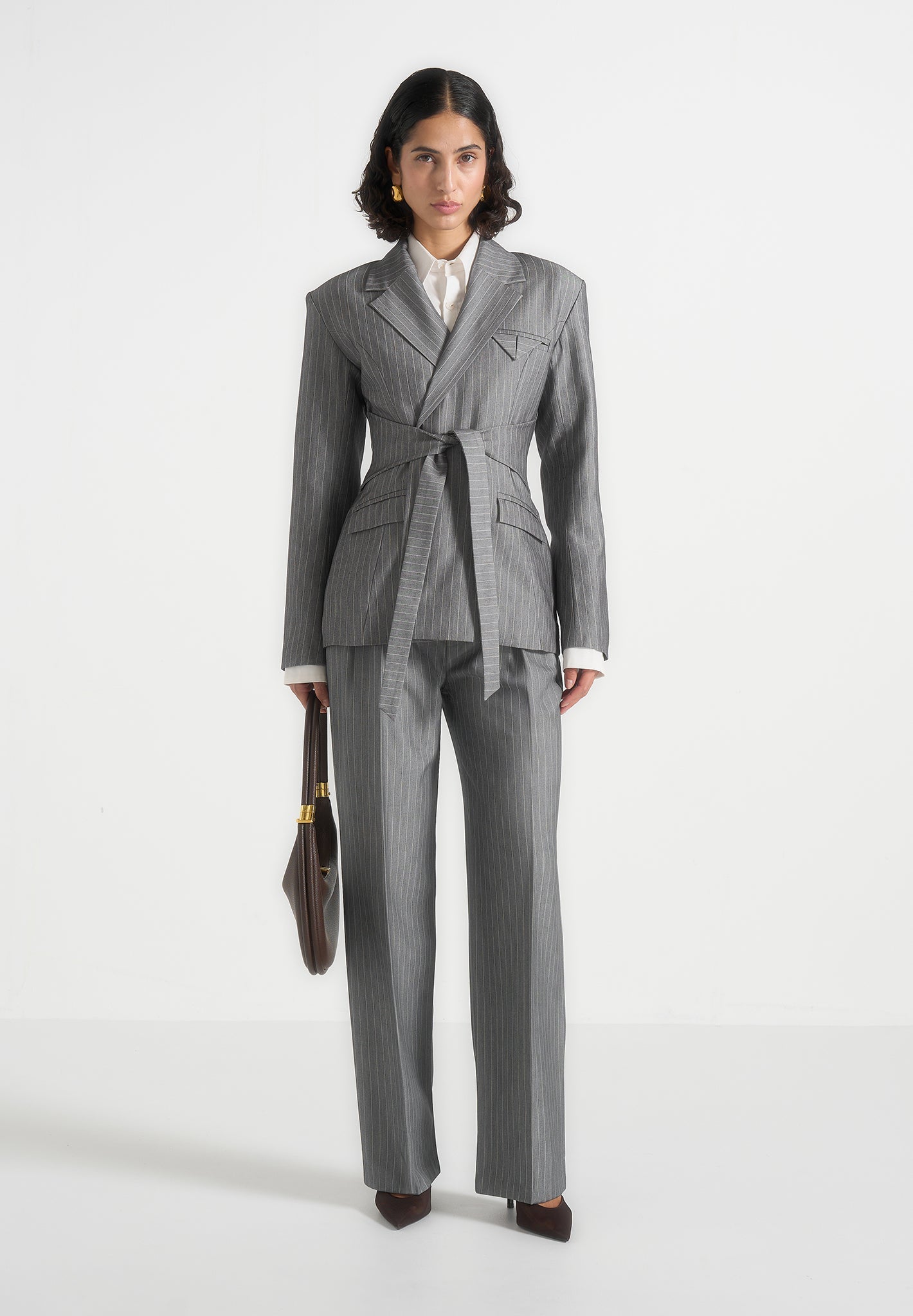 Delphine - Pinstripe Wrap Tie Blazer - Grey