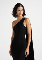 Laya - Asymmetric Knit Midaxi Dress With Scarf - Black
