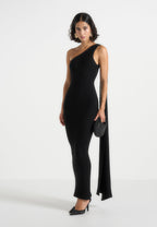Laya - Asymmetric Knit Midaxi Dress With Scarf - Black