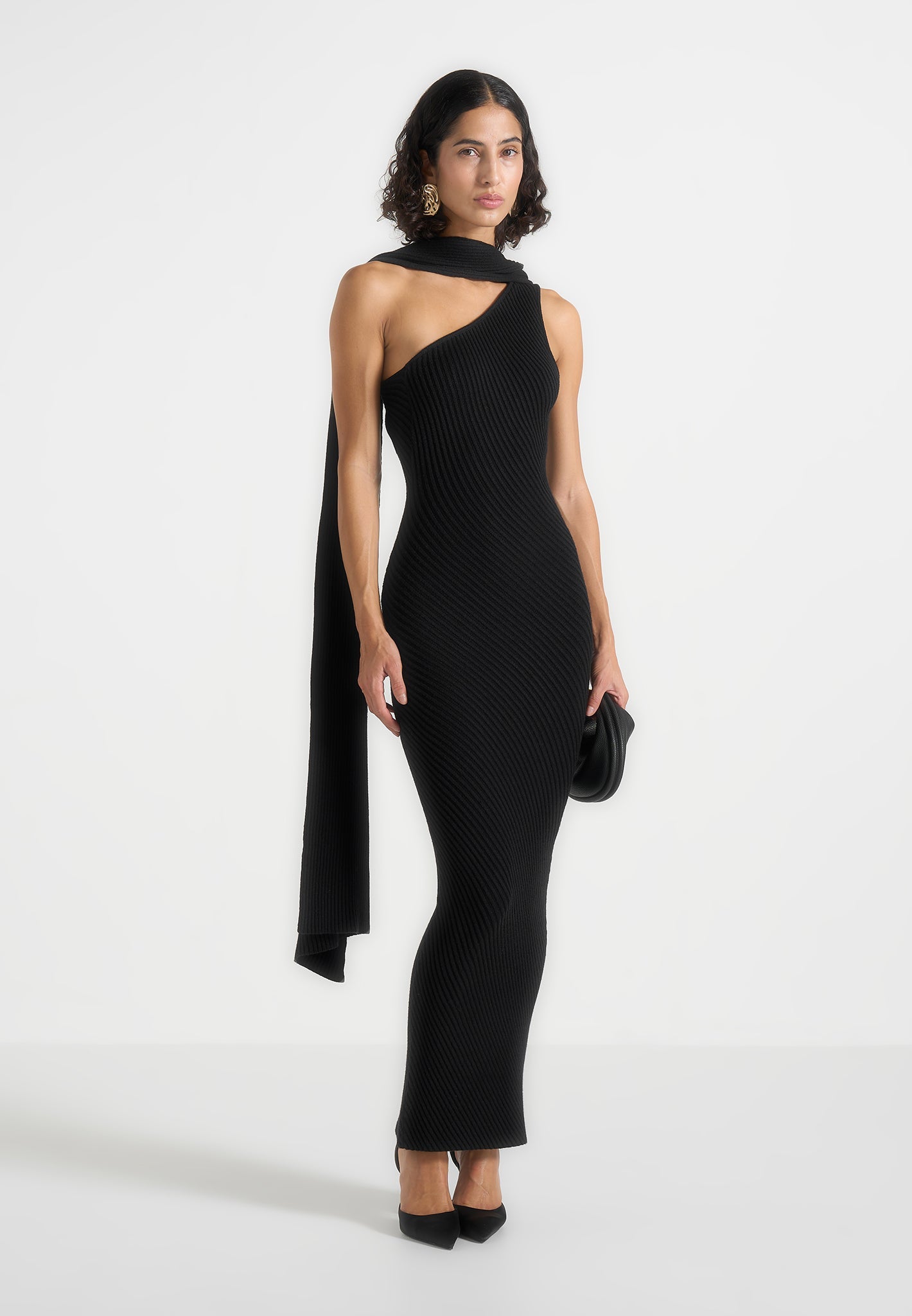 Laya - Asymmetric Knit Midaxi Dress With Scarf - Black