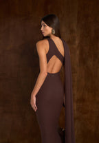 Laya - Asymmetric Knit Midaxi Dress With Scarf - Brown
