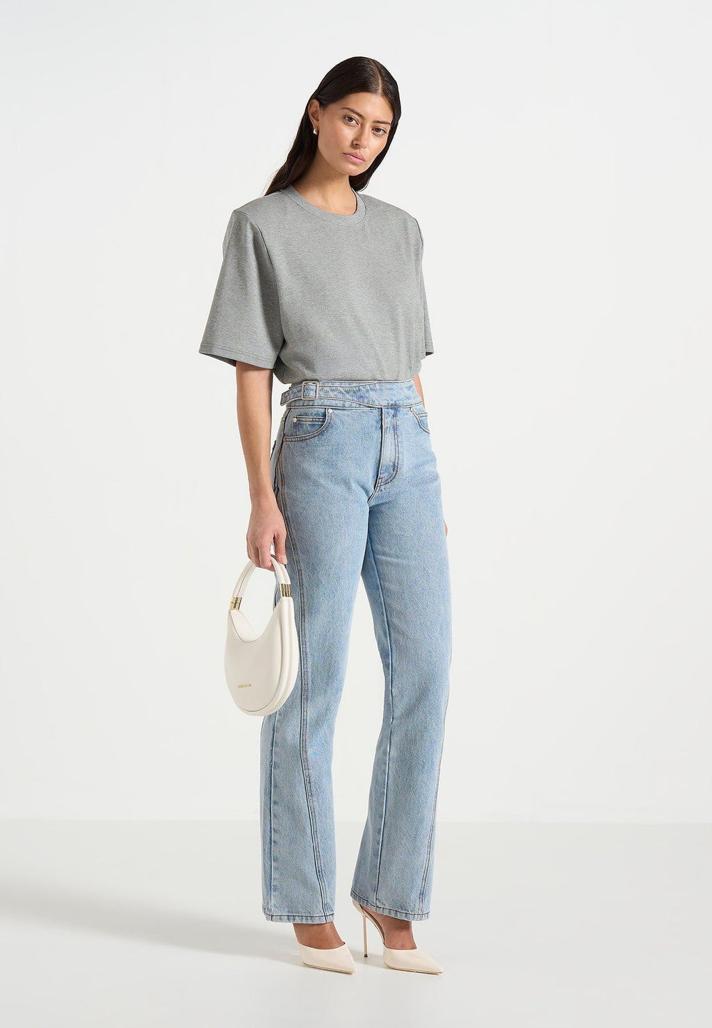 Mia - Wide Shoulder Bodysuit T-Shirt - Grey