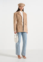Claire - Suede Wide Shoulder Cinch Waist Blazer - Beige