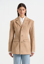 Claire - Suede Wide Shoulder Cinch Waist Blazer - Beige
