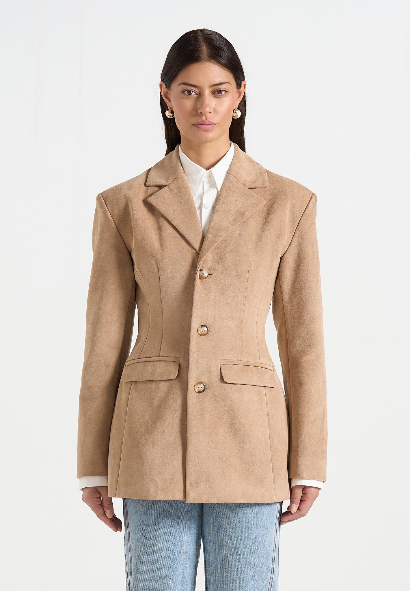 Claire - Suede Wide Shoulder Cinch Waist Blazer - Beige