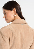 Claire - Suede Wide Shoulder Cinch Waist Blazer - Beige