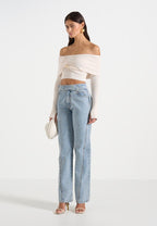 Shana - Asymmetric Bardot Top With Hardware Detail - Cream