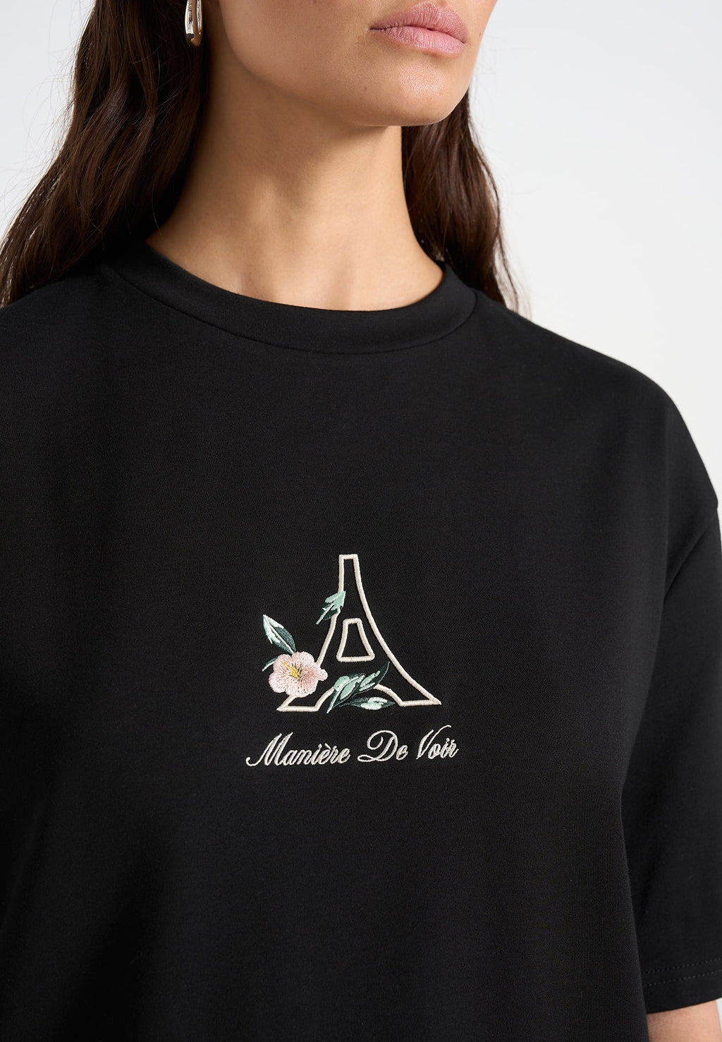 TS008 - Unisex Floral Eiffel Cotton T-Shirt - Black