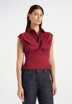 Yvette - Twist Front Sleeveless Shirt - Wine Red