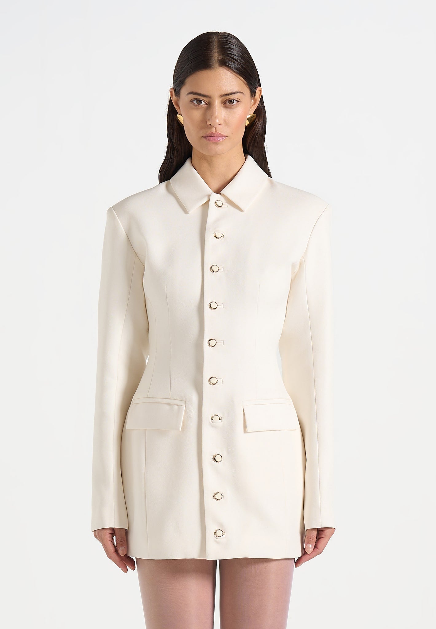 Amelie - Cinch Button Up Blazer Dress - Cream
