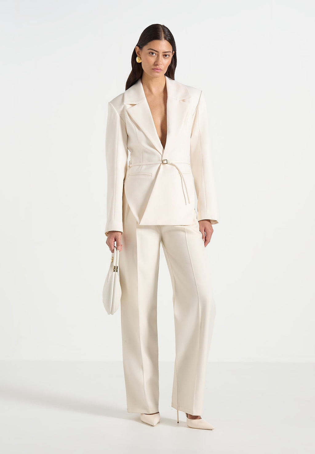 Yuna - Plunge Tailored Blazer With Belt - Cream