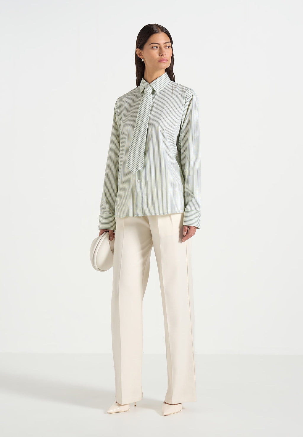 Dylan - Unisex Pinstripe Long Sleeve Shirt With Detachable Tie - Sage