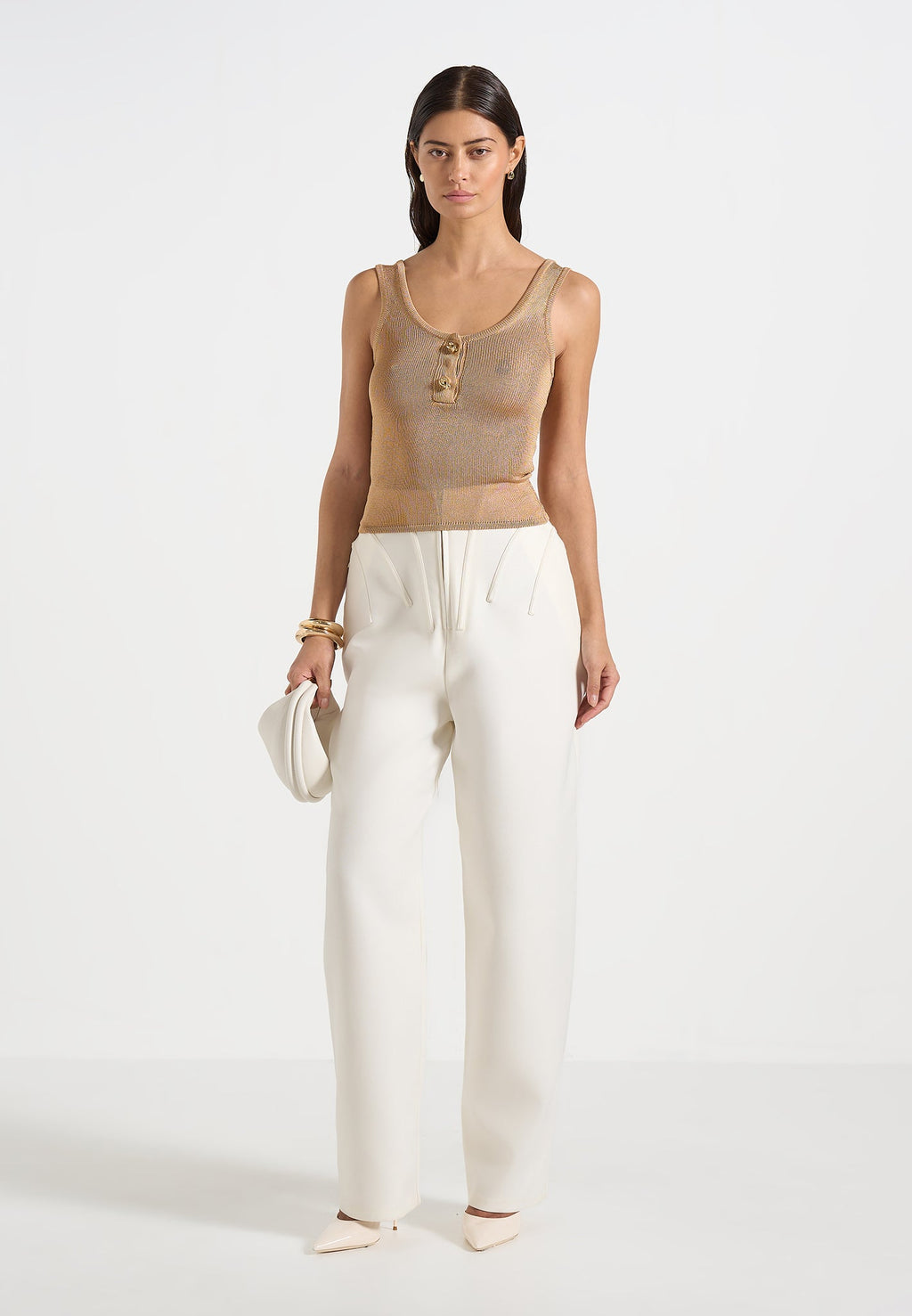 Pippa - Pointelle Knitted Vest With Knot Button - Gold