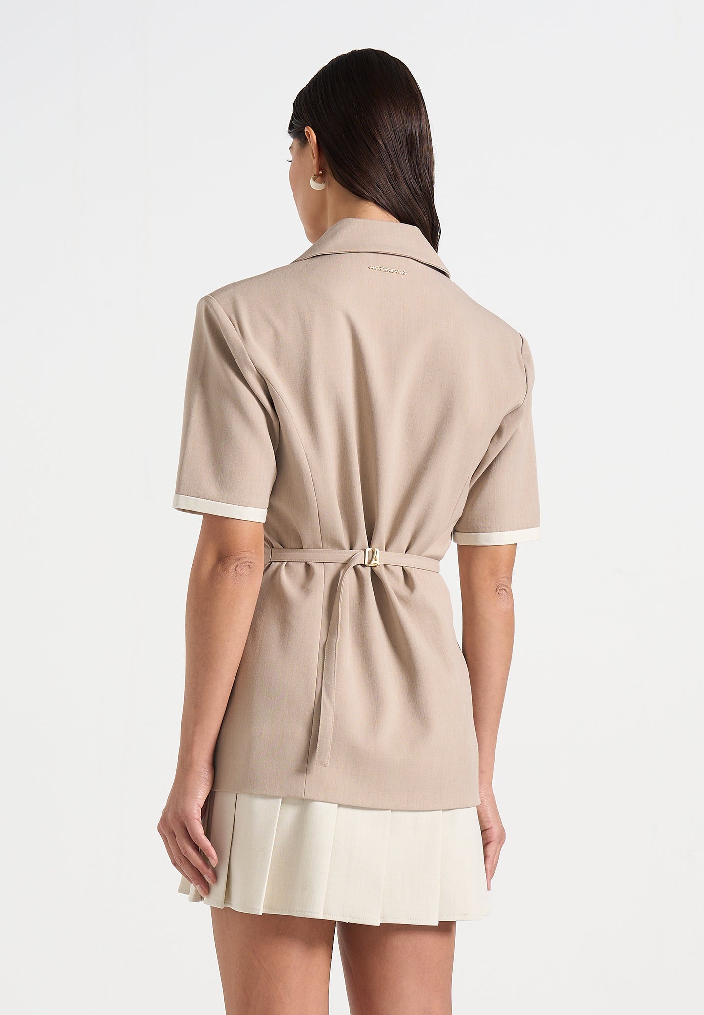 Baya - Tailored Cinch Waist Pleated Blazer Dress - Taupe