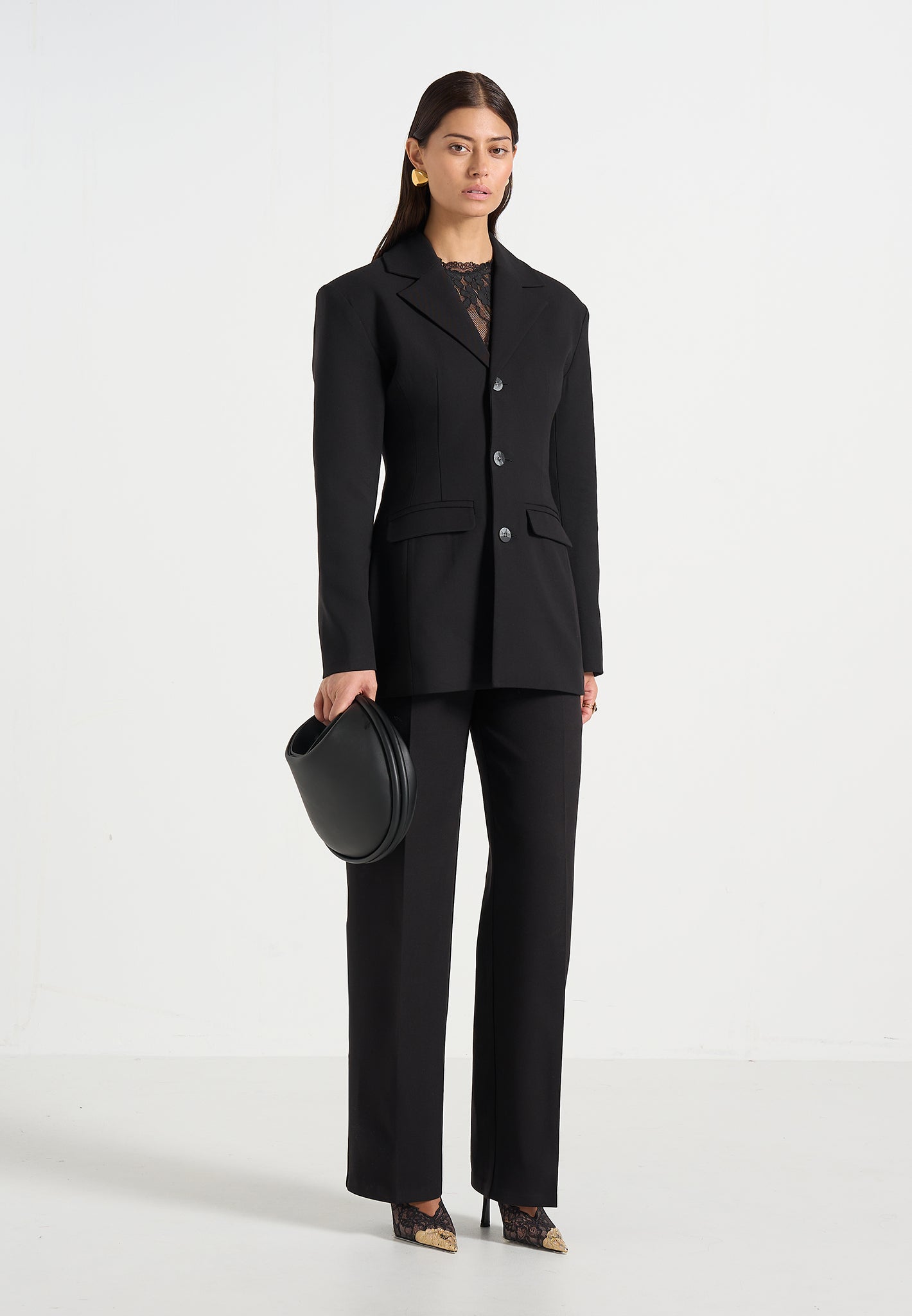 Claire - Wide Shoulder Cinch Waist Blazer - Black