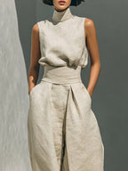 Beige Faux Cotton-linen Blend Sleeveless Top And Wide-leg Pants Set