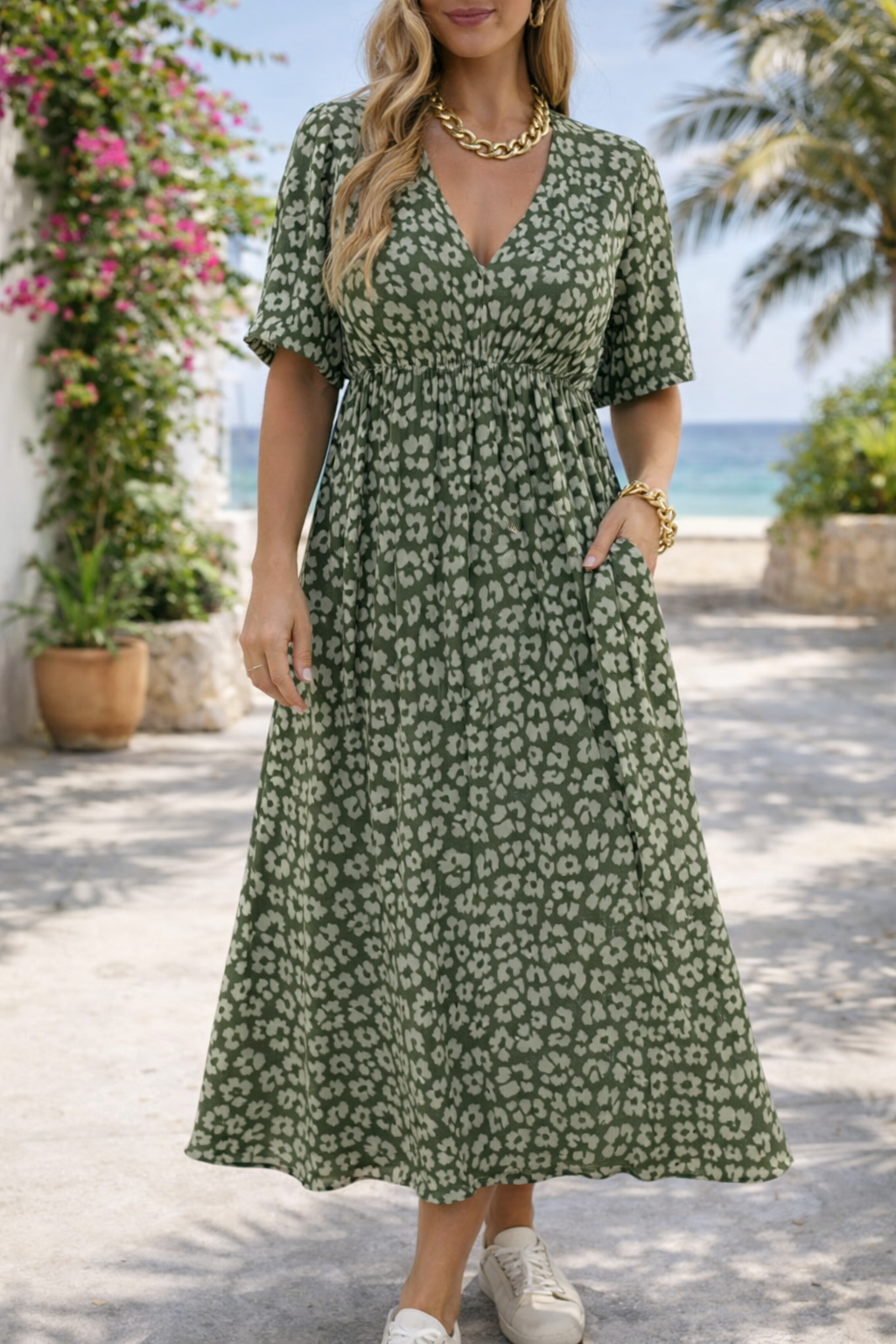Women’s Printed V-Neck Dress – Comfort, Elegance & Versatility