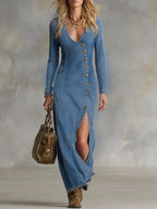 V-neck Single-breasted Side-slit Denim Long-sleeved Maxi Dress