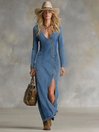 V-neck Single-breasted Side-slit Denim Long-sleeved Maxi Dress