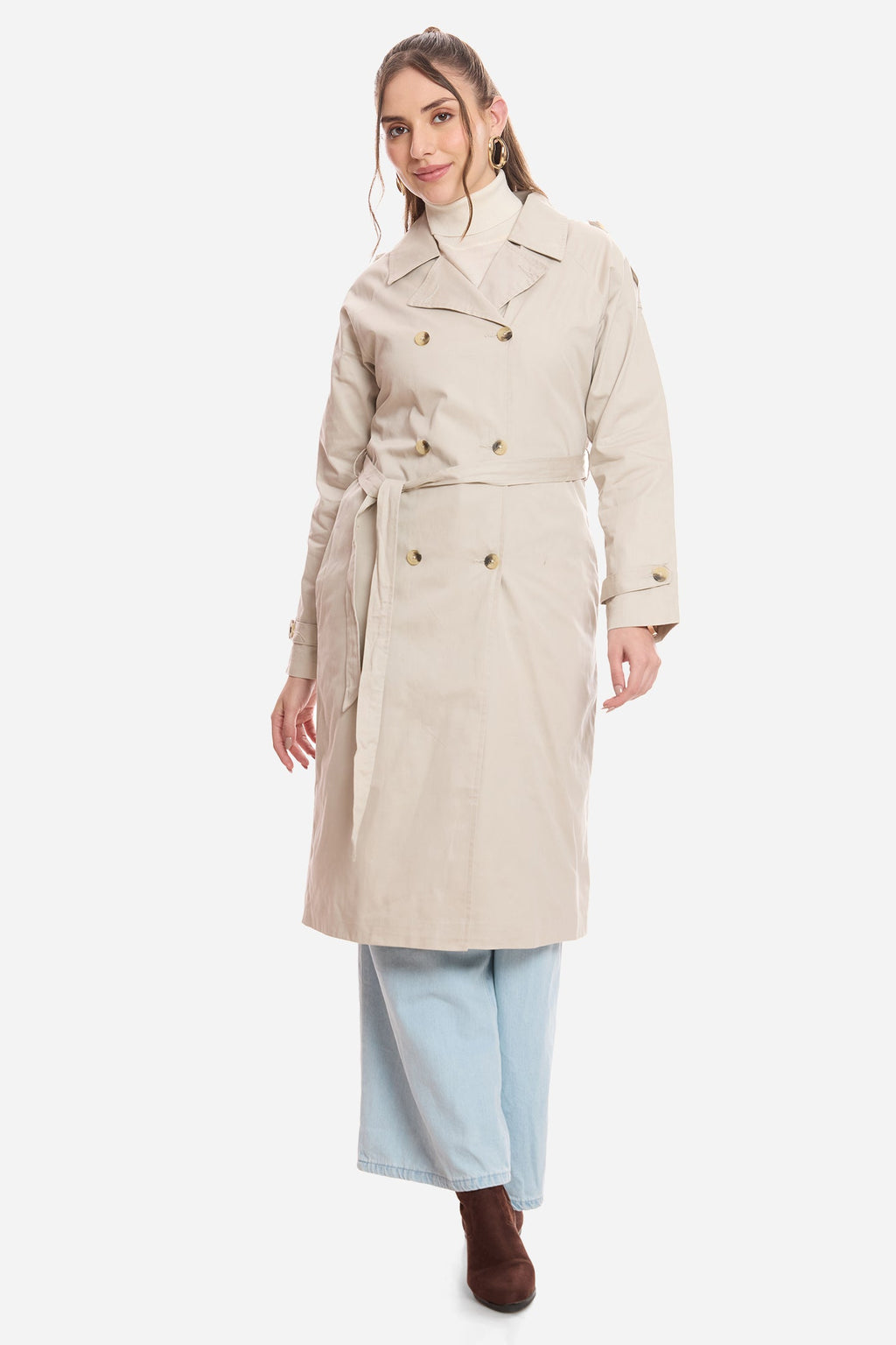 Oona|100% Cotton Belted Long Trench Coat