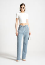 Sara - Boucle Straight Leg Jeans - Light Blue