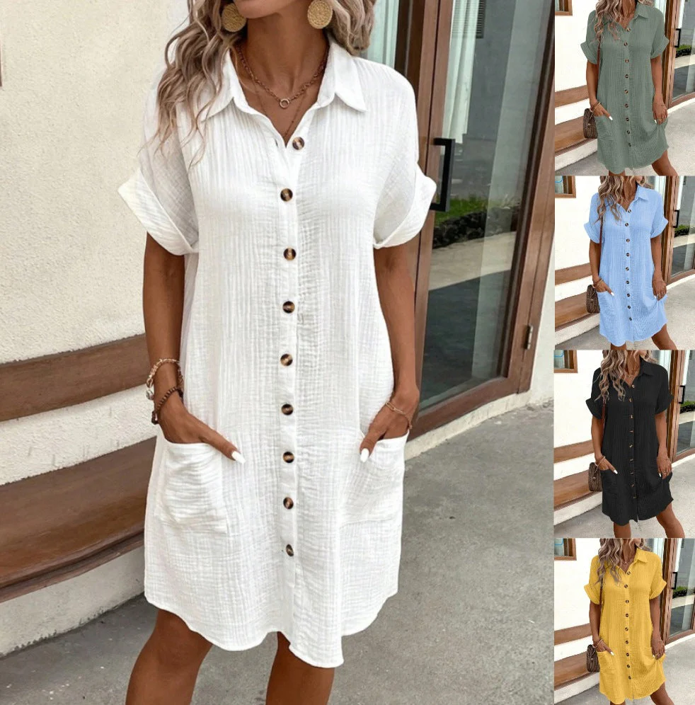 Women's Buttoned Short Sleeve Pocket Casual Shirt Dress