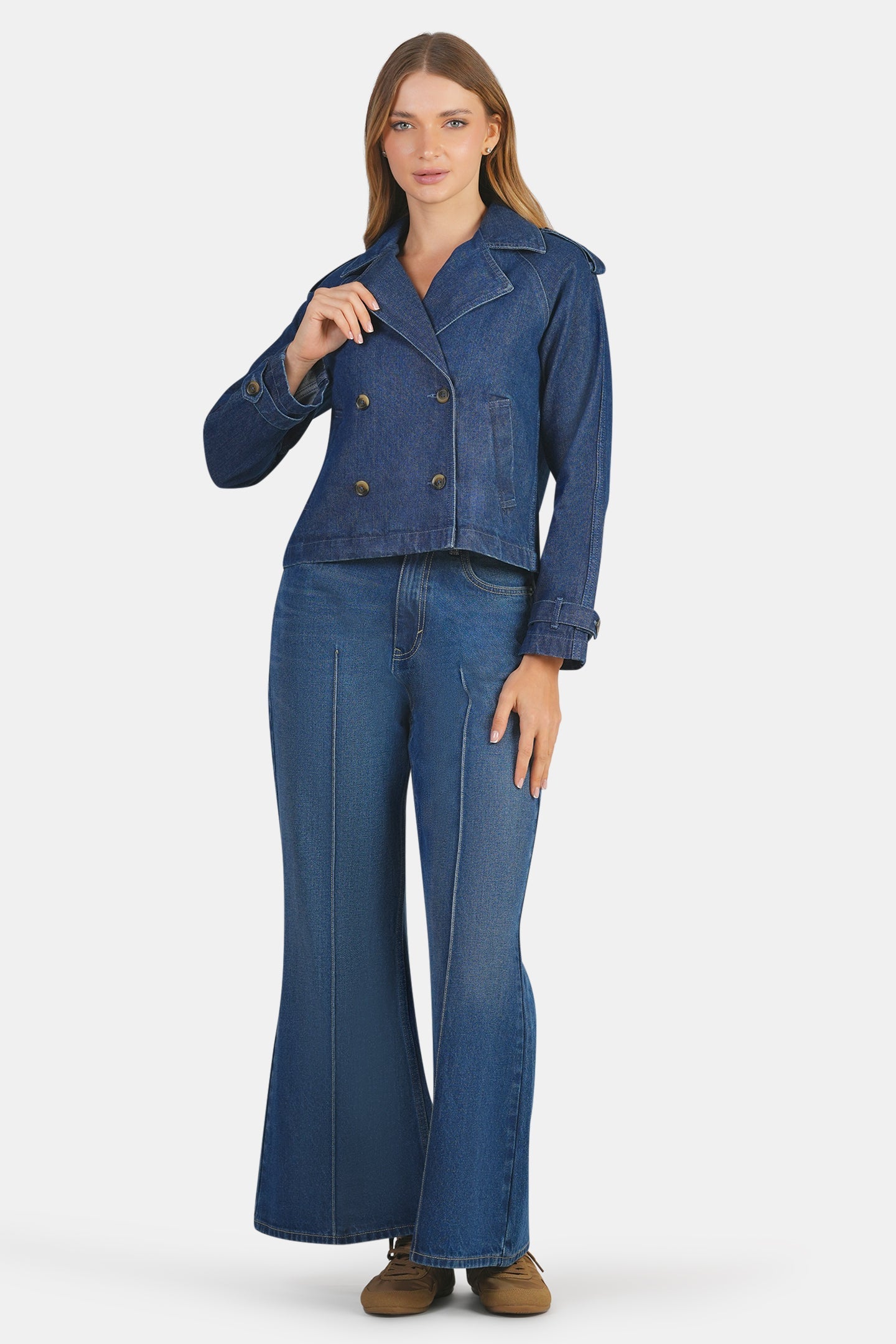Rhona|100% Cotton Double Breasted Denim Blazer